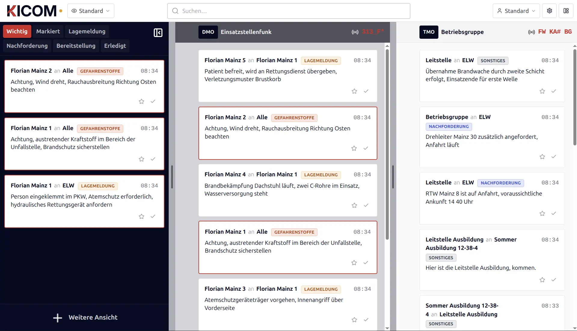 KICOM-Software Dashboard - Live Funkverkehr Anzeige mit automatischer Priorisierung für Feuerwehr